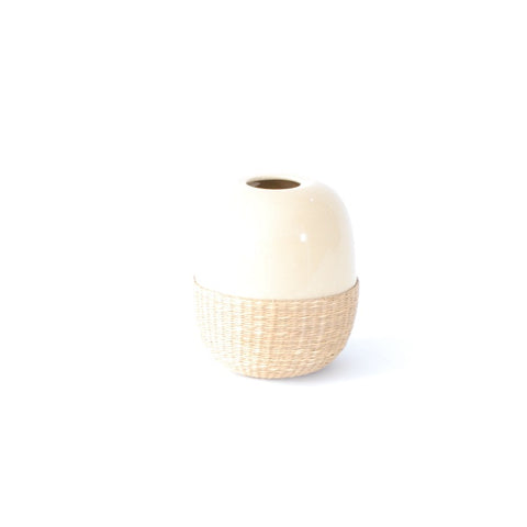 FLORERO CERAMICA CON RATTAN